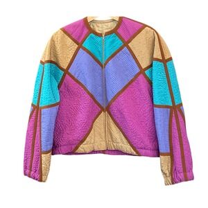 Vintage 70s Quilted Patchwork Jacket Bold Geometric Colorblock Artsy Boho Zip Up